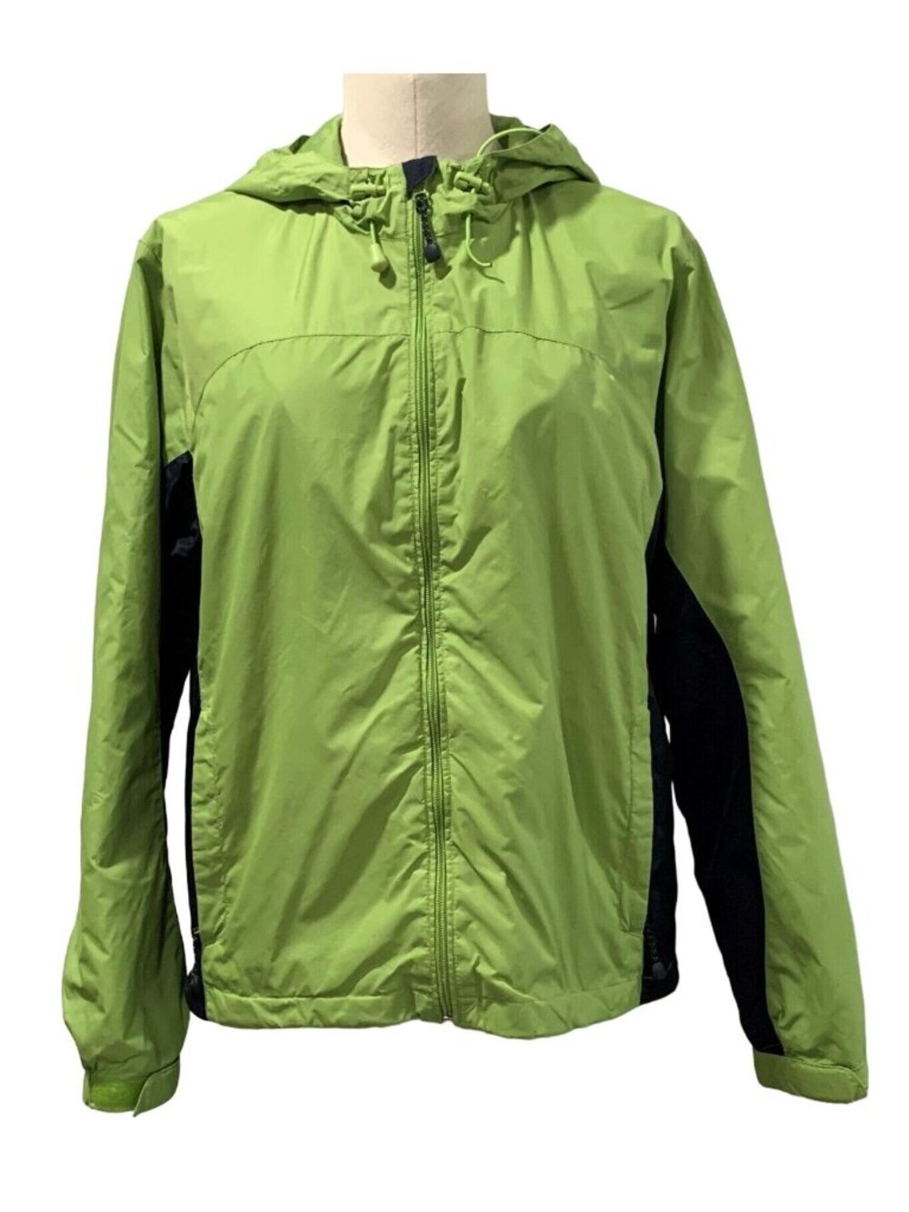St. Johns Bay Hooded Windbreaker Womens Large Green Black Jacket Lightweight